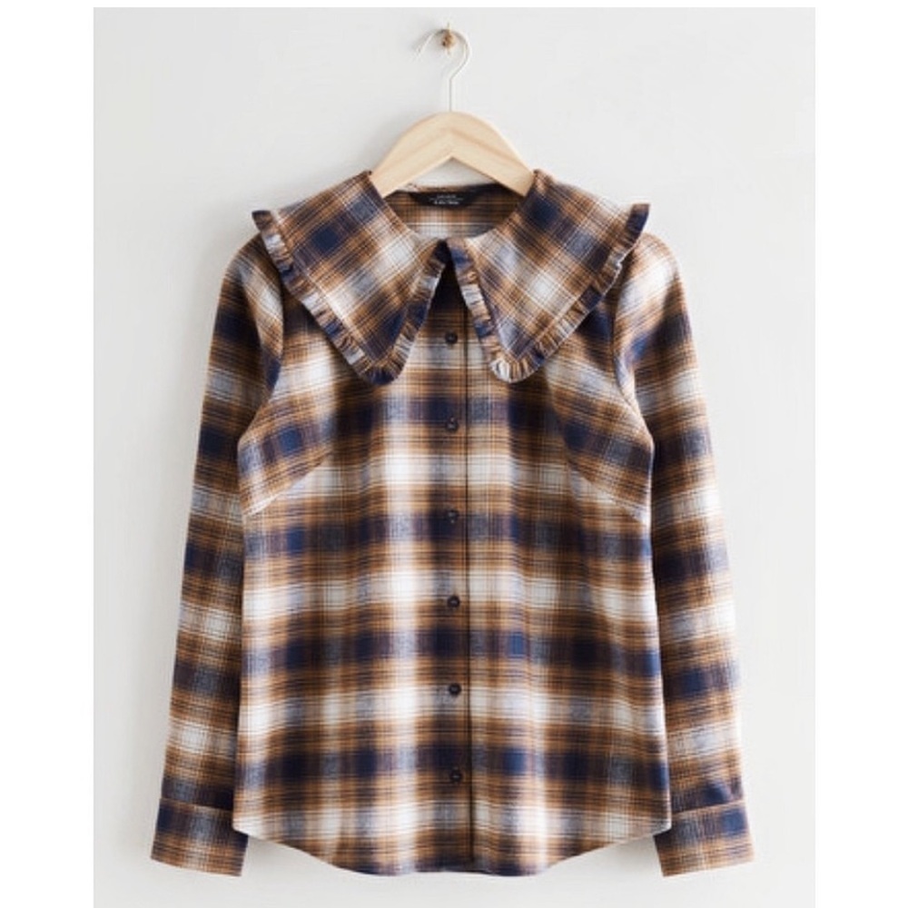 & Other Stories Ruffle Collar Plaid Check Blouse Flannel Cotton Button Down 6